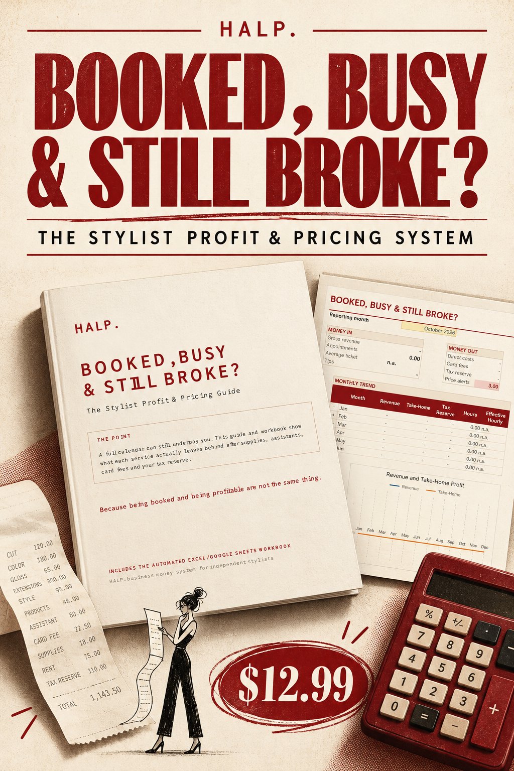 Cover of Booked, Busy & Still Broke?, a HALP. digital workbook for hairstylists